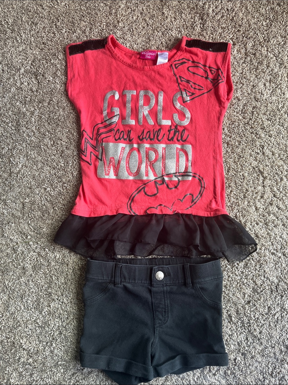 Girls Coral Graphic Superhero Matching Set with Black Shorts